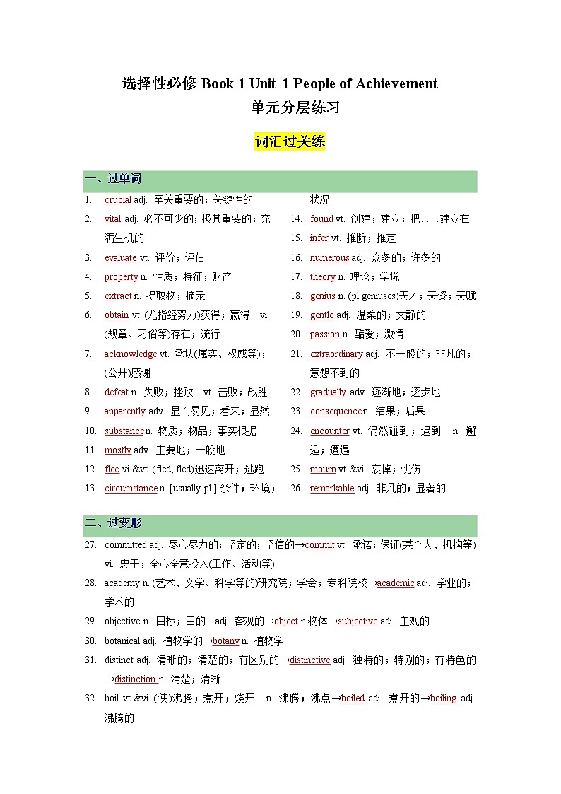 Unit 1 People of Achievement单元分层练习【过习题】-2022-2023学年高二英语单元复习（人教版2019选择性必修第一册）01