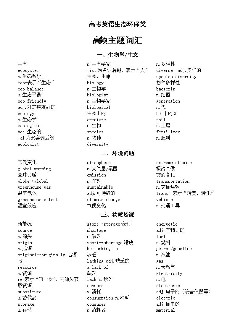高中英语2023高考生态环保类_频主题词汇（共八大类）第1页