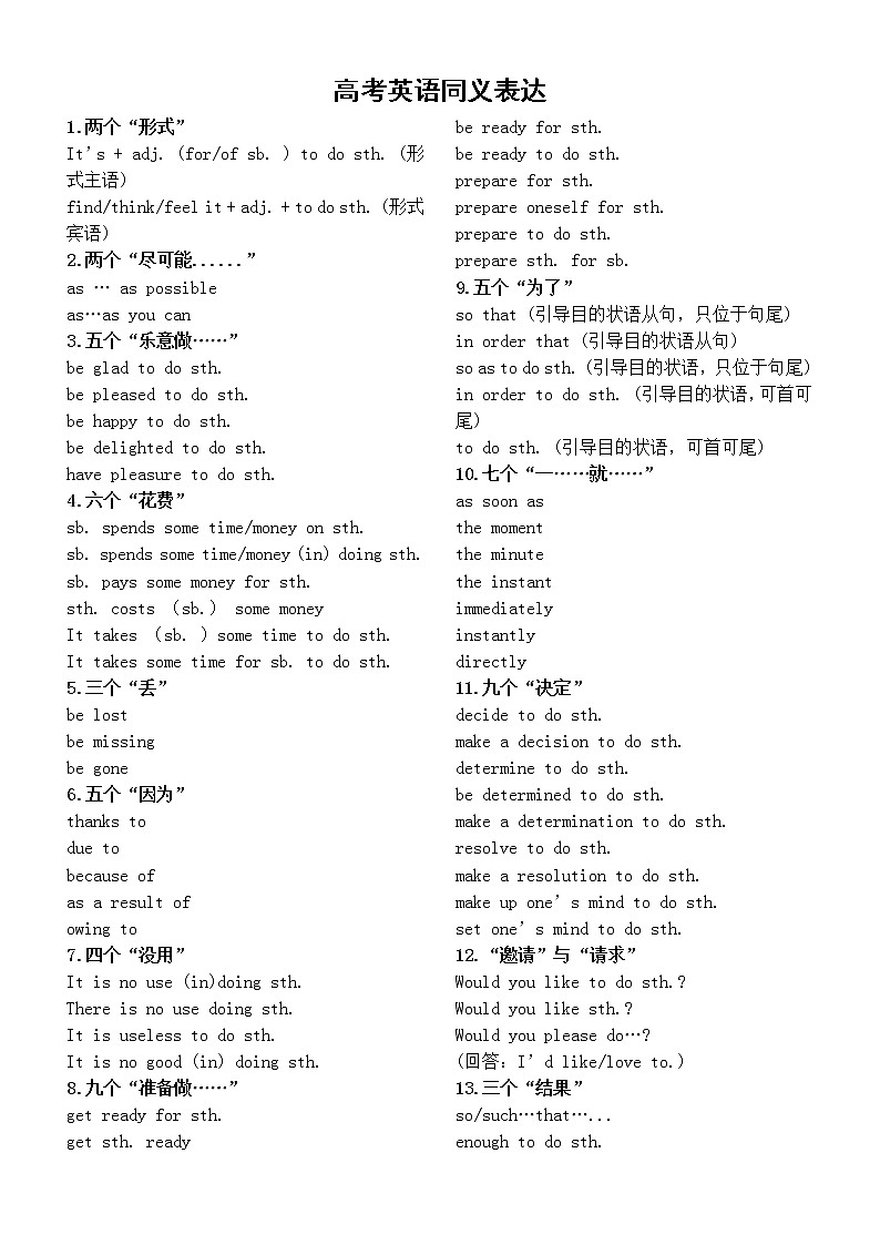高中英语高考同义表达词句汇总（共三十组）第1页