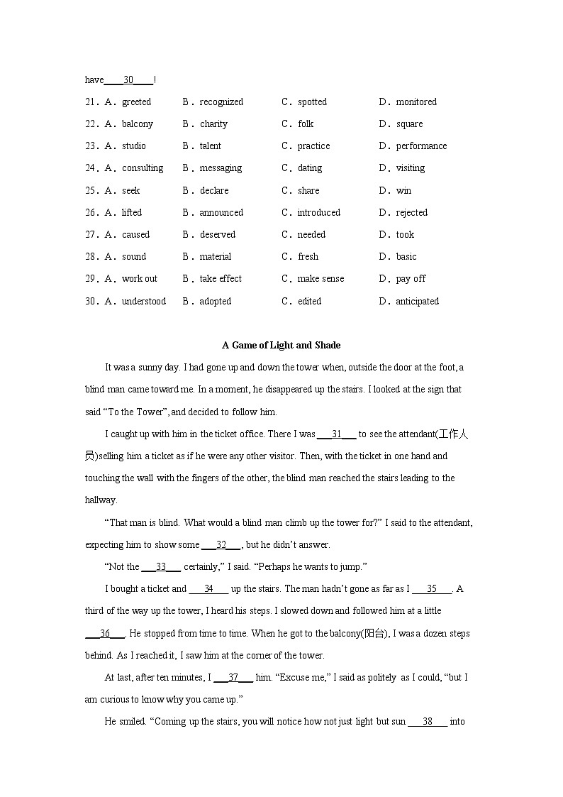 北京高考英语完形填空专项训练03