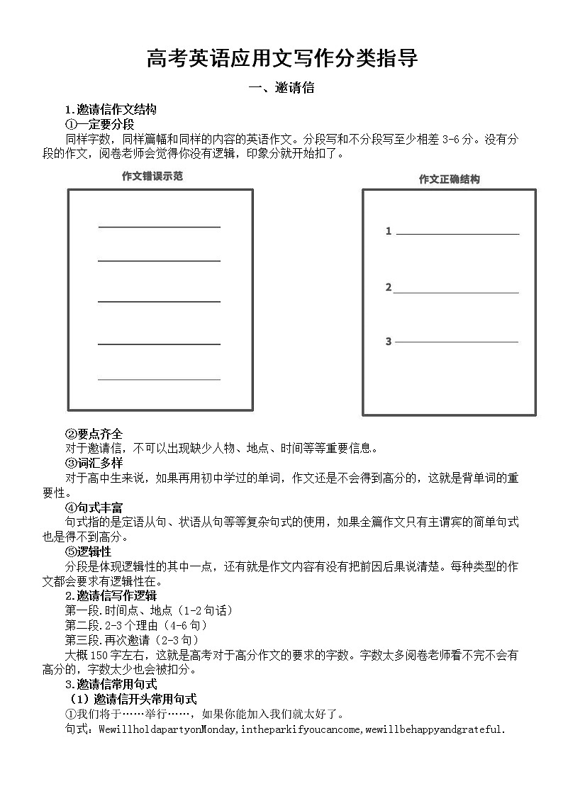 高中英语高考应用文写作分类指导（邀请信+感谢信+申请信+求助信）第1页