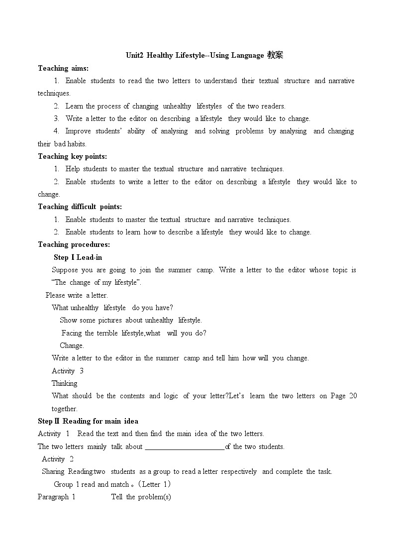 Unit 2 Healthy Lifestyle Using Language 教案-2022-2023学年高中英语人教版（2019）选择性必修第三册01