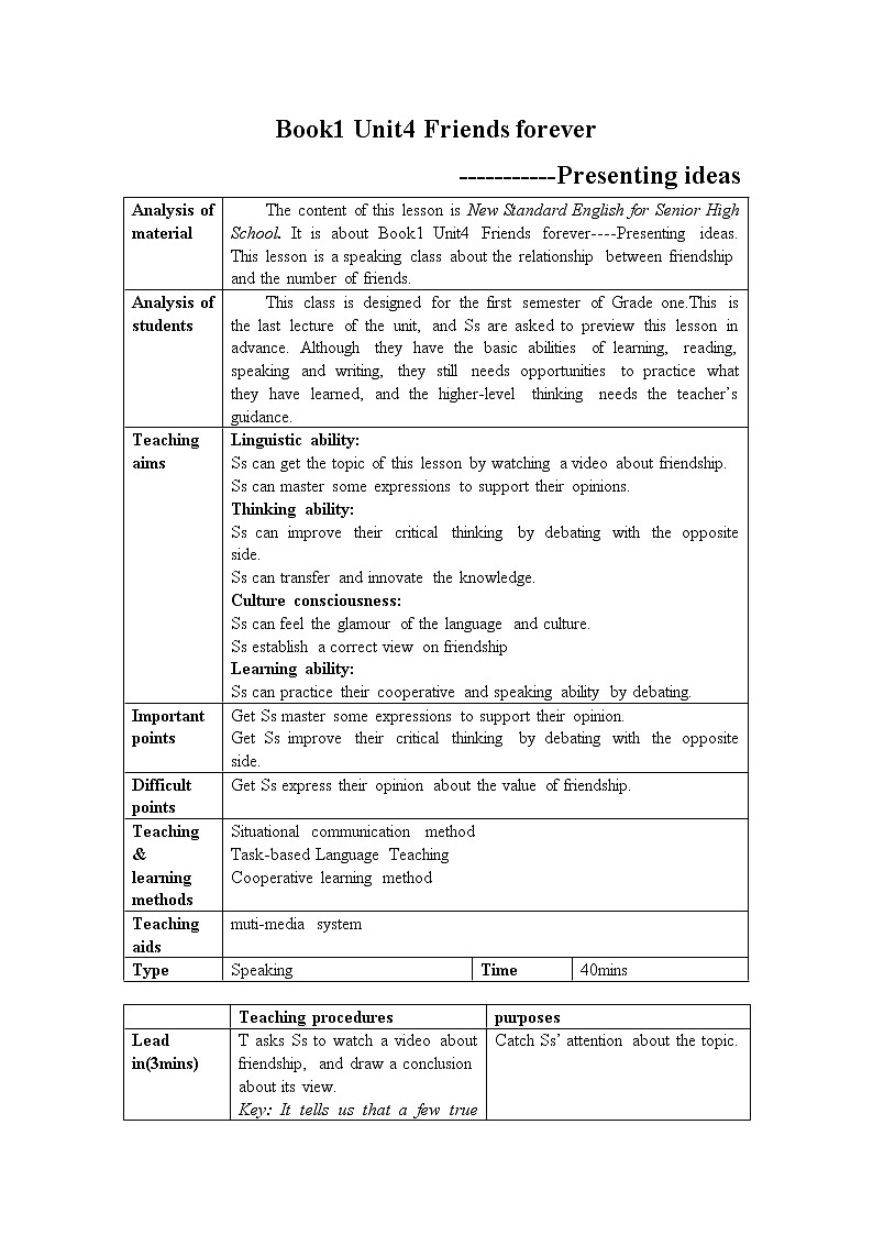 Unit 4 Friends forever Presenting ideas 教学设计-2022-2023学年高中英语外研版（2019）必修第一册01