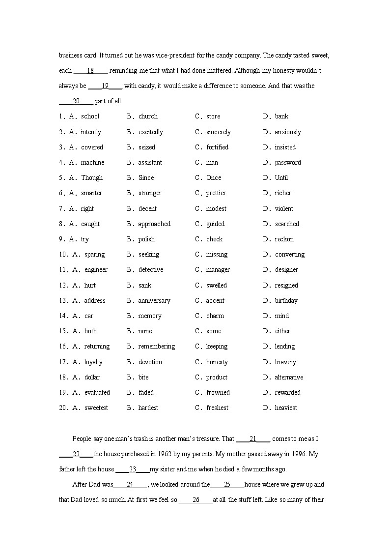 天津高考英语完形填空专项训练第2页