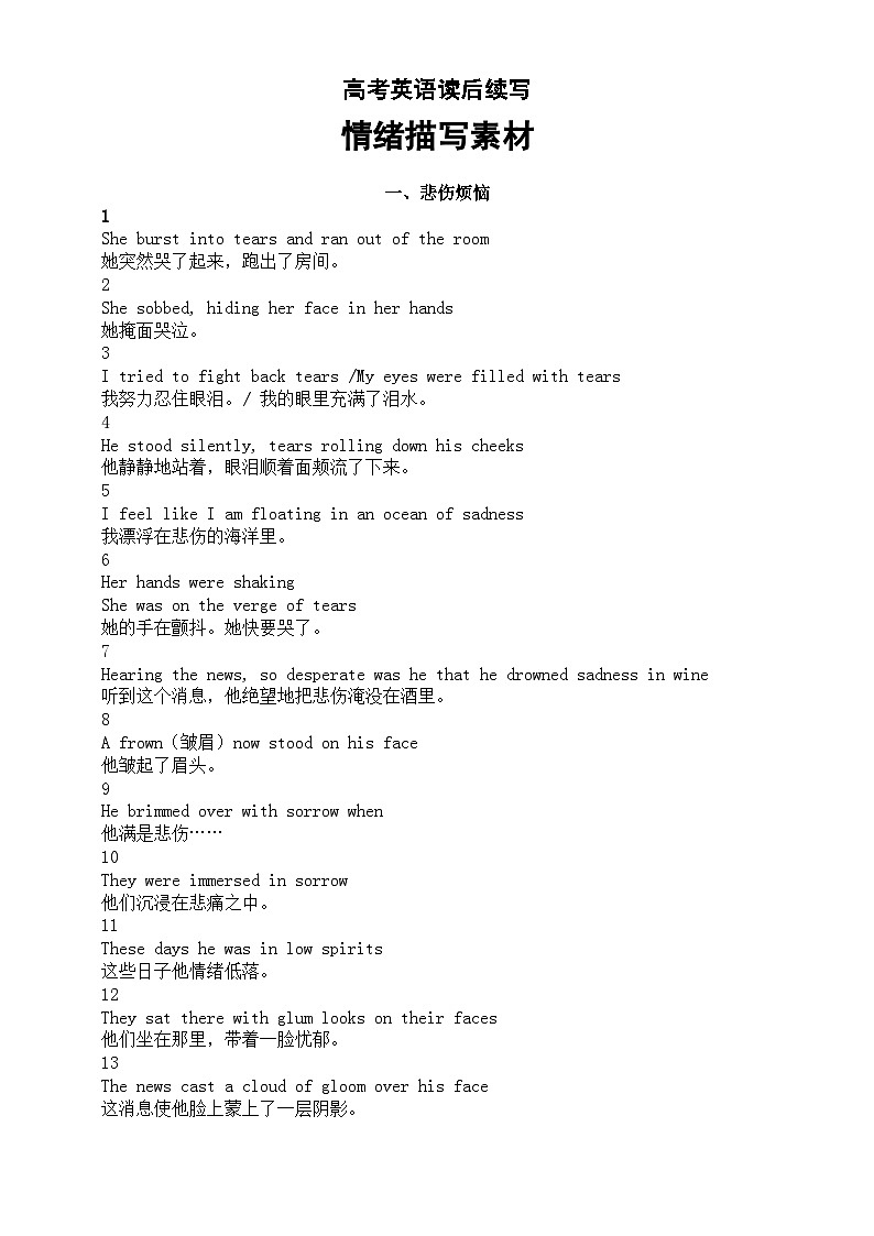 高中英语高考读后续写情绪描写素材（悲伤烦恼+愤怒+害怕+喜乐）第1页