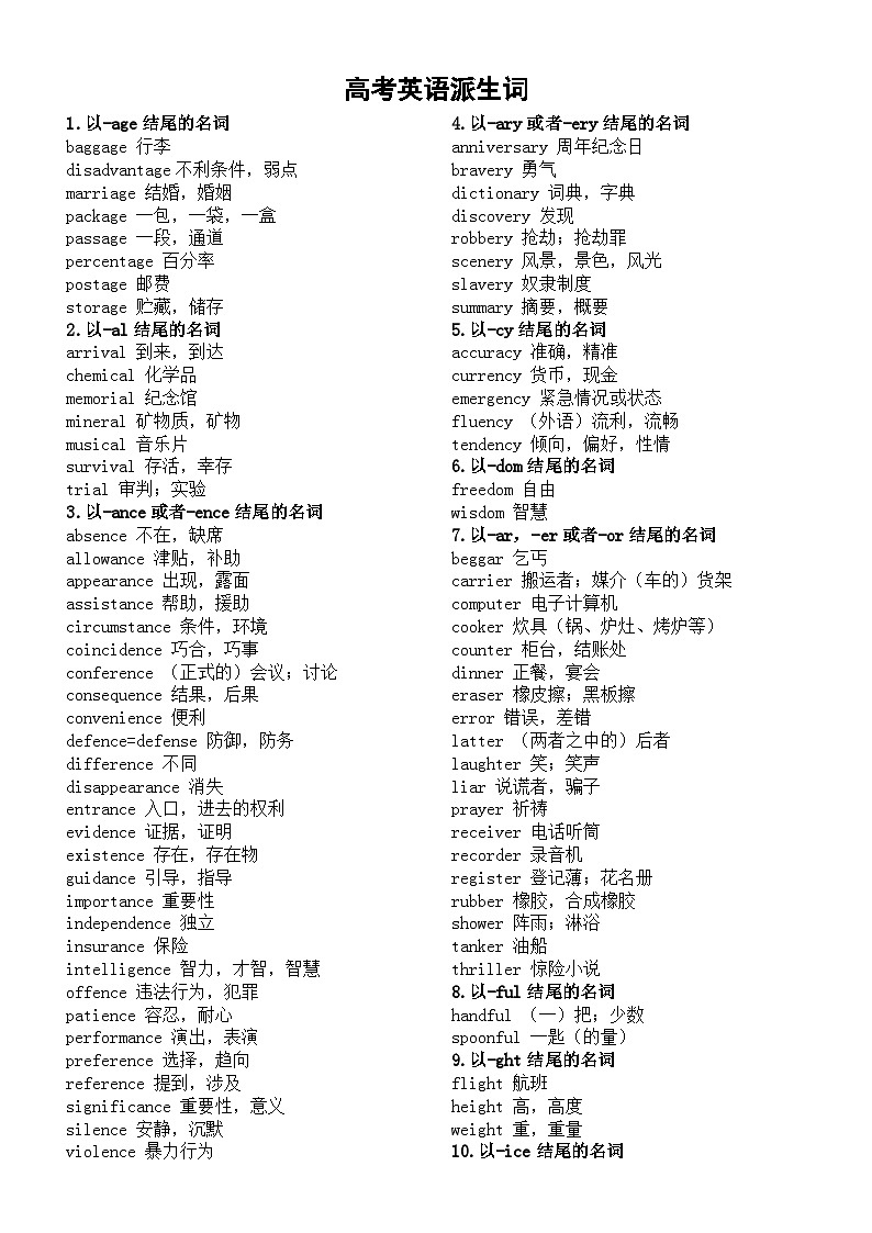 高中英语高考派生词汇总（共四十类）第1页