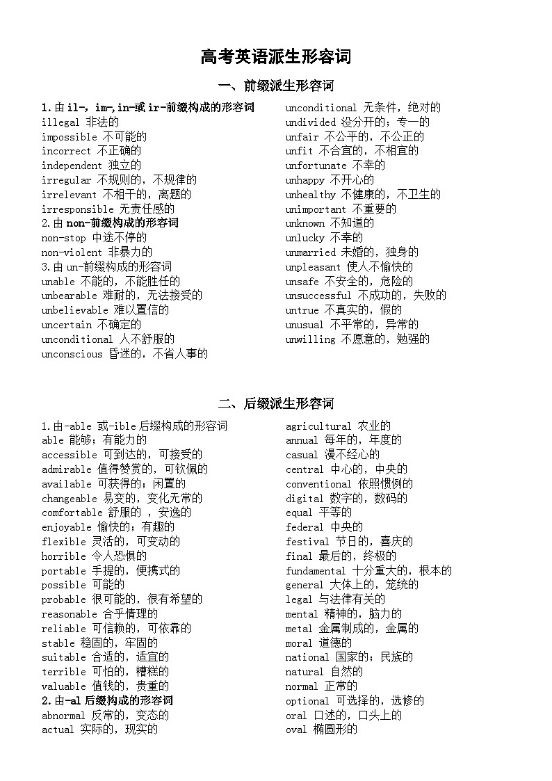 高中英语高考派生形容词汇总（前缀派生+后缀派生）第1页