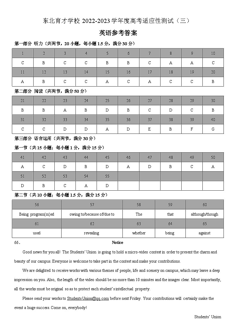 东北育才学校2022-2023学年度高考适应性测试（三）英语参考答案第1页