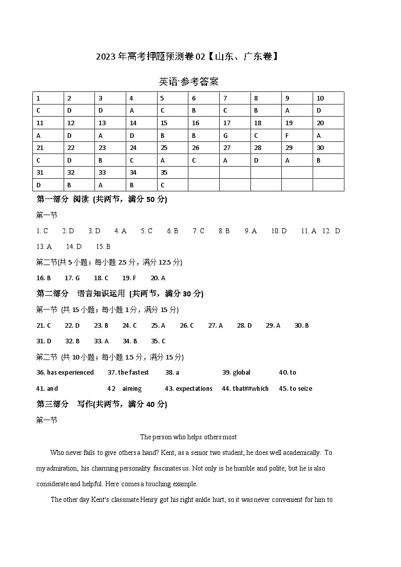 2023年高考英语押题卷02（山东、广东卷）（参考答案）第1页