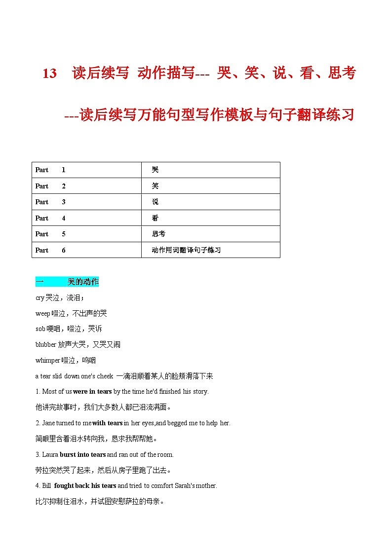13  读后续写 动作描写--- 哭笑说看思考---读后续写万能句型写作模板与句子翻译练习第1页