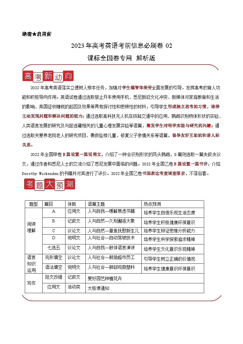 必刷卷02——【高考三轮冲刺】2023年高考英语考前20天冲刺必刷卷（课标全国卷专用）（原卷版+解析版）01