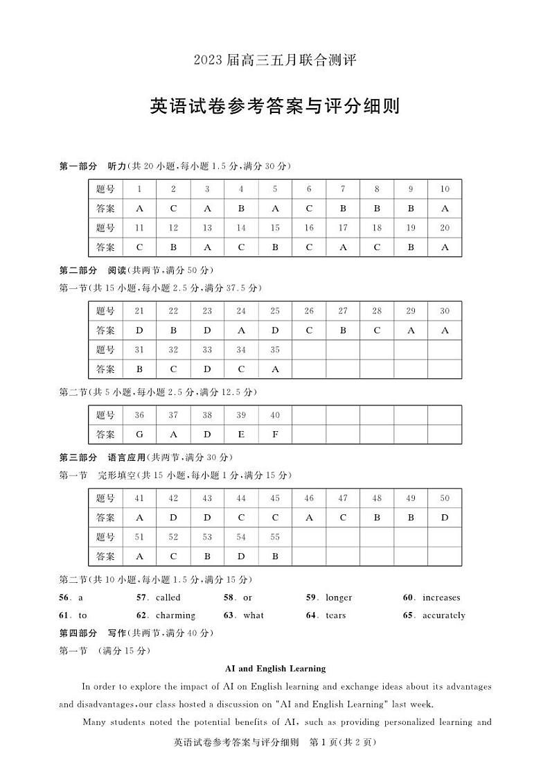湖北省圆创教育2023届高三5月联合测评-2023年五月高三联考-英语评分细则第1页