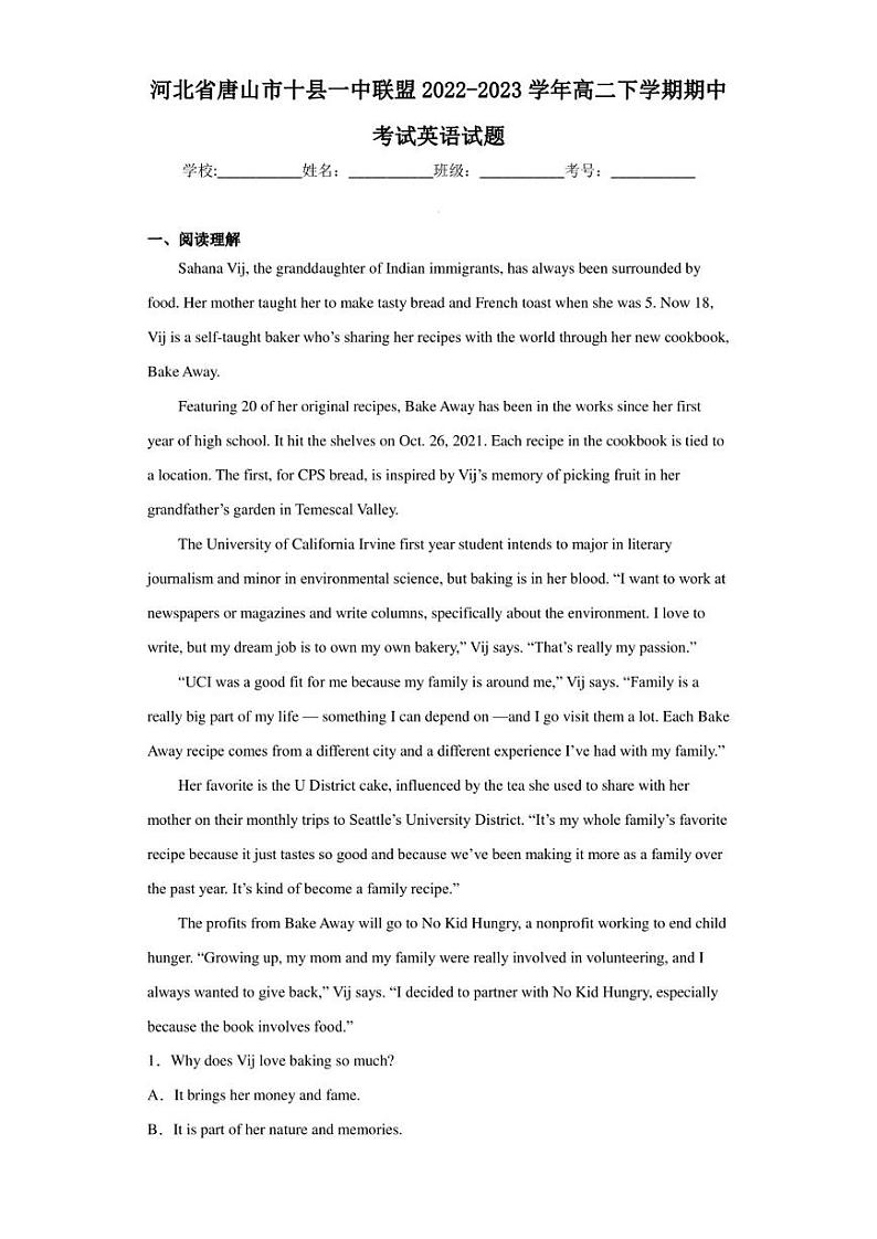 河北省唐山市十县一中联盟2022-2023学年高二下学期期中考试英语试题01