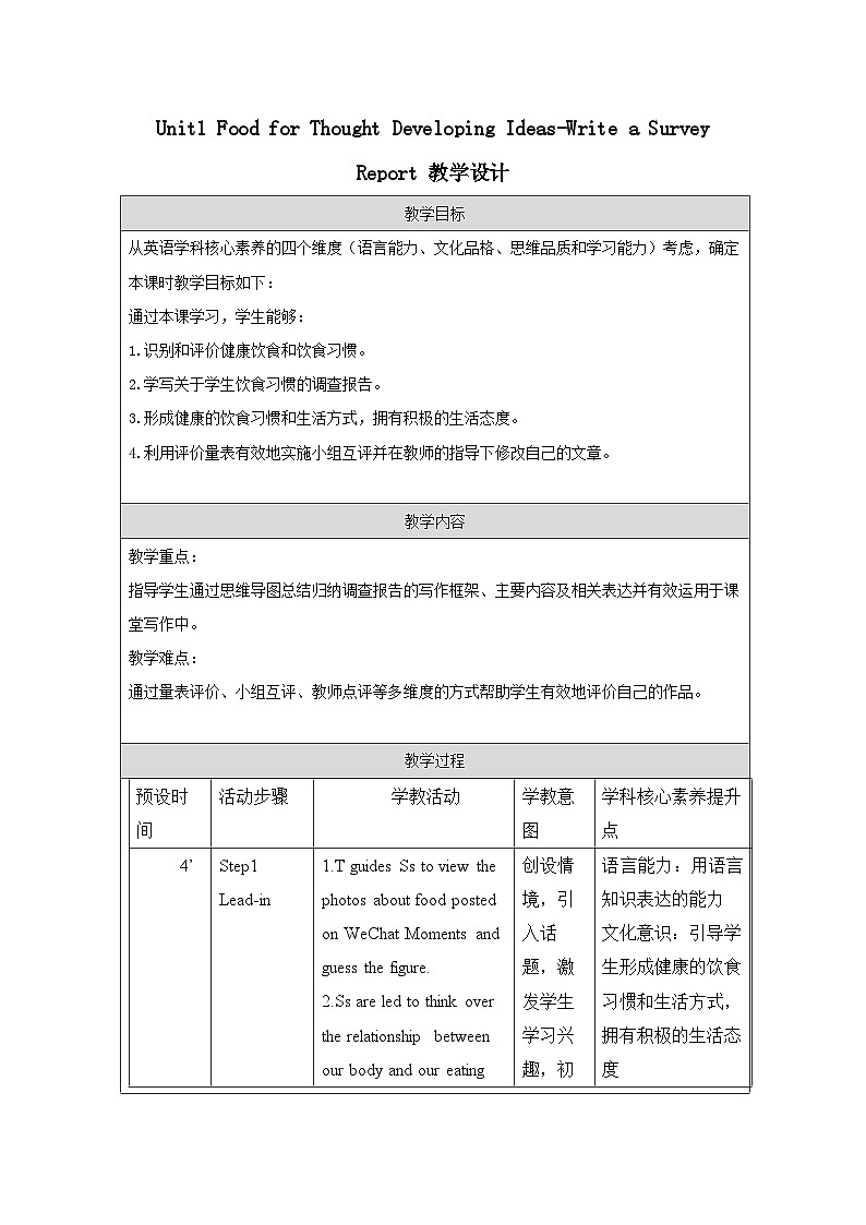 Unit1 Food for Thought Developing Ideas Write a Survey Report 教学设计 -2022-2023学年高中英语外研版必修第二册01