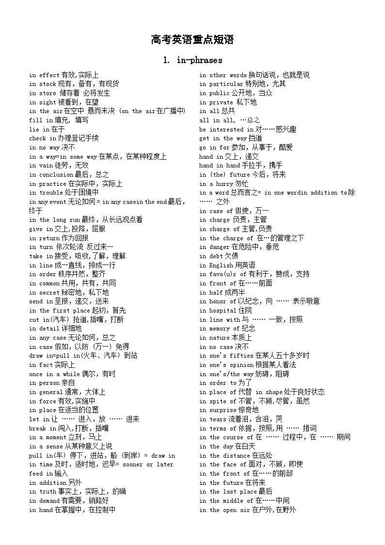 高中英语高考重点短语（共4组）第1页