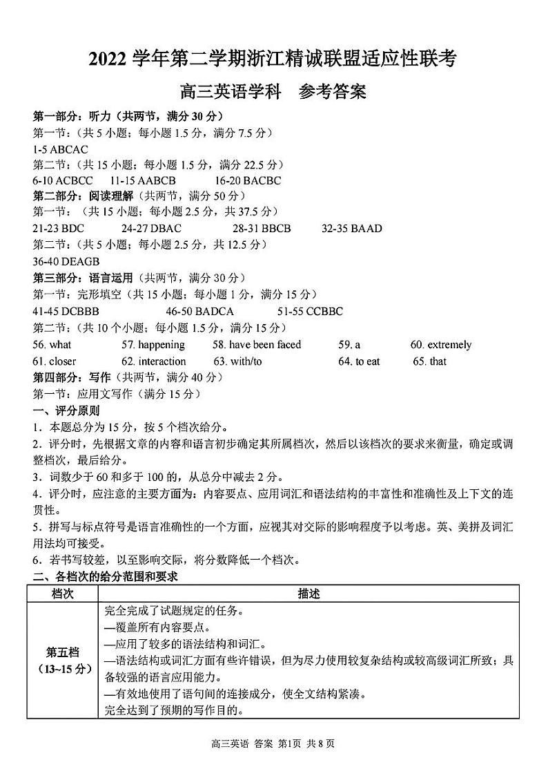 2023届浙江省精诚联盟高三下学期适应性联考试题（二模）英语PDF版含答案01