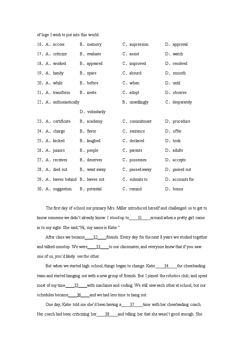 河北高考英语完形填空专项训练03