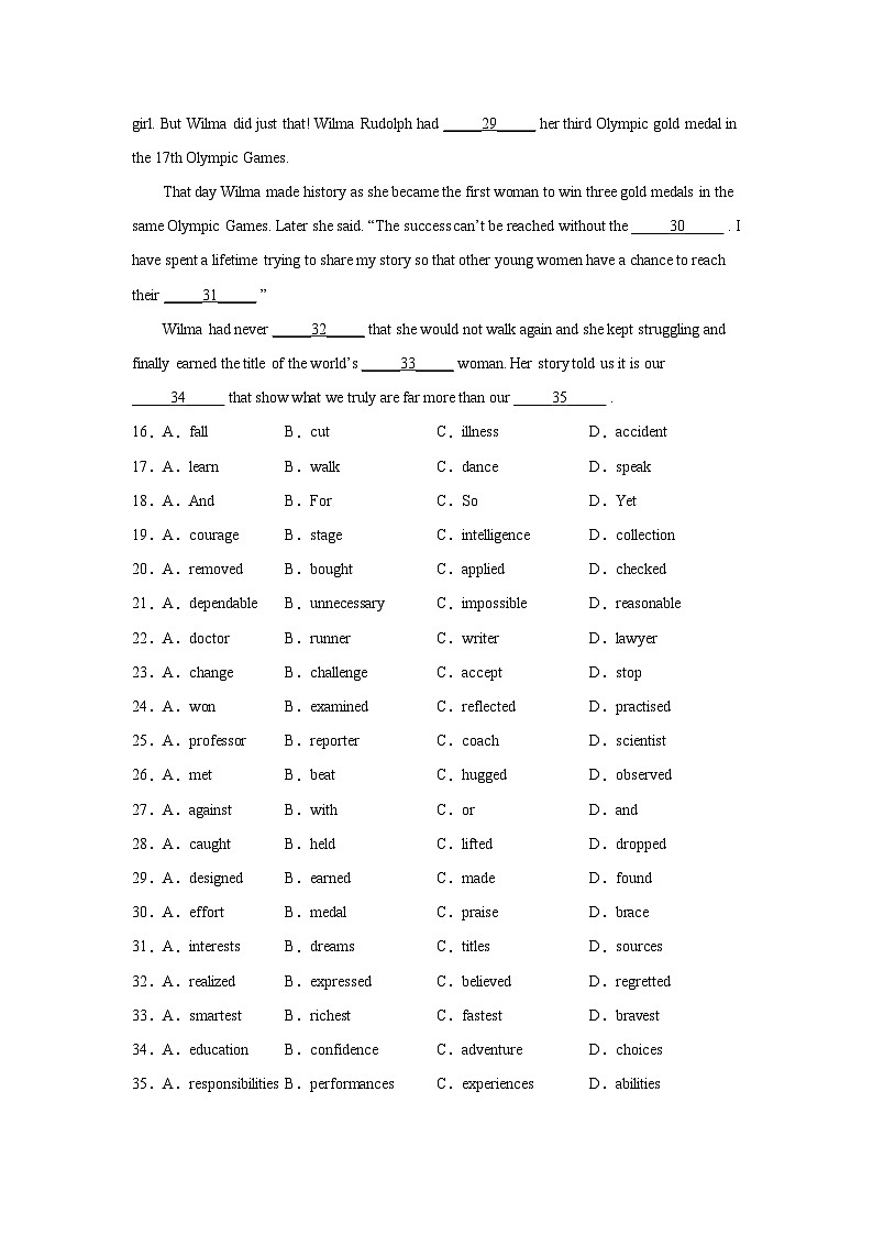 吉林高考英语完形填空专项训练03