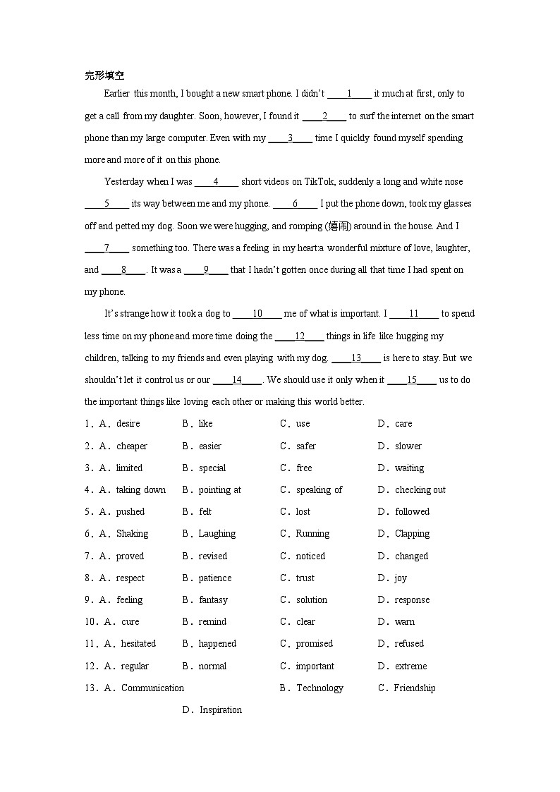 江苏高考英语完形填空专项训练01