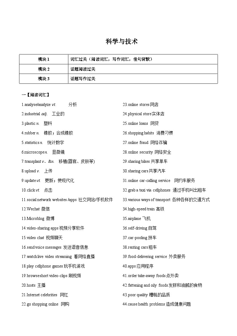 专题18话题通关五（科学技术）（词汇  阅读  写作）  ——2023年高中英语学业水平考试专项精讲+测试（通用版）01