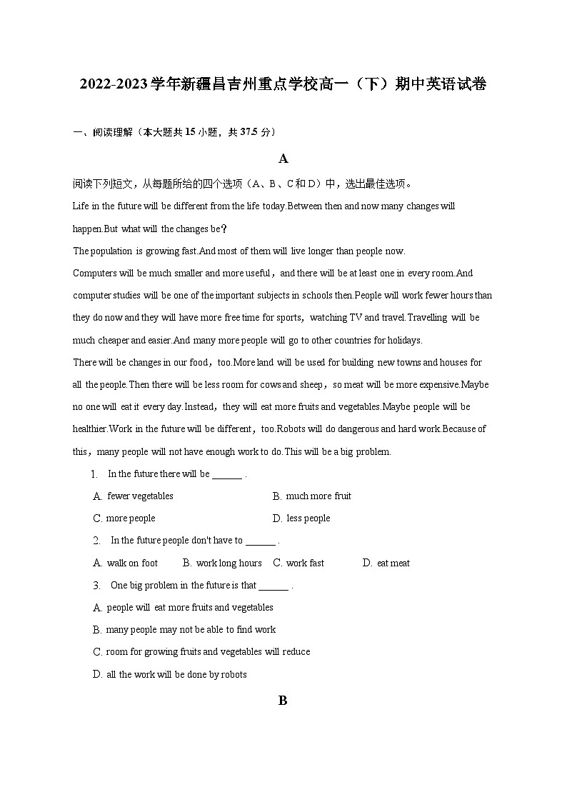 2022-2023学年新疆昌吉州重点学校高一（下）期中英语试卷-普通用卷01