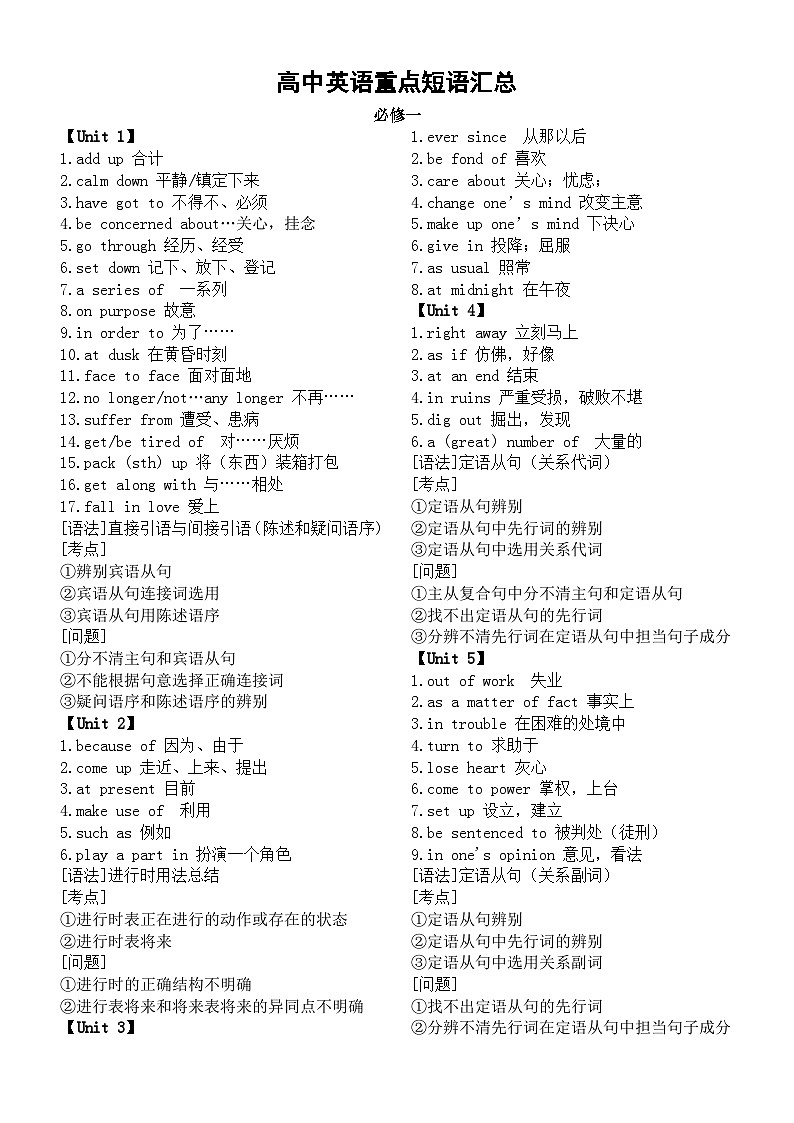 高中英语人教新课标重点短语汇总（必修一二三四五+选修六七八）第1页