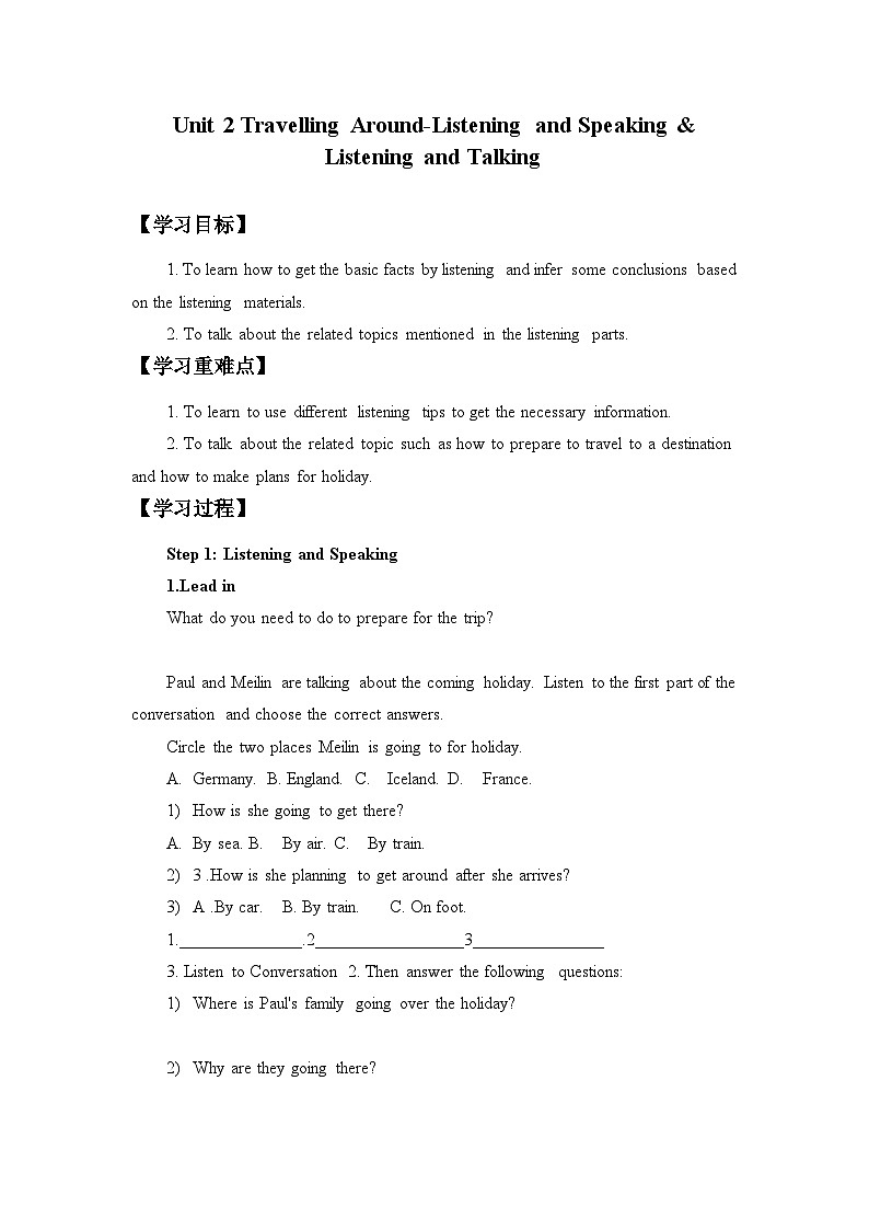 人教版必修一 Unit 2 Listening and Speaking& Listening and Talking学案01