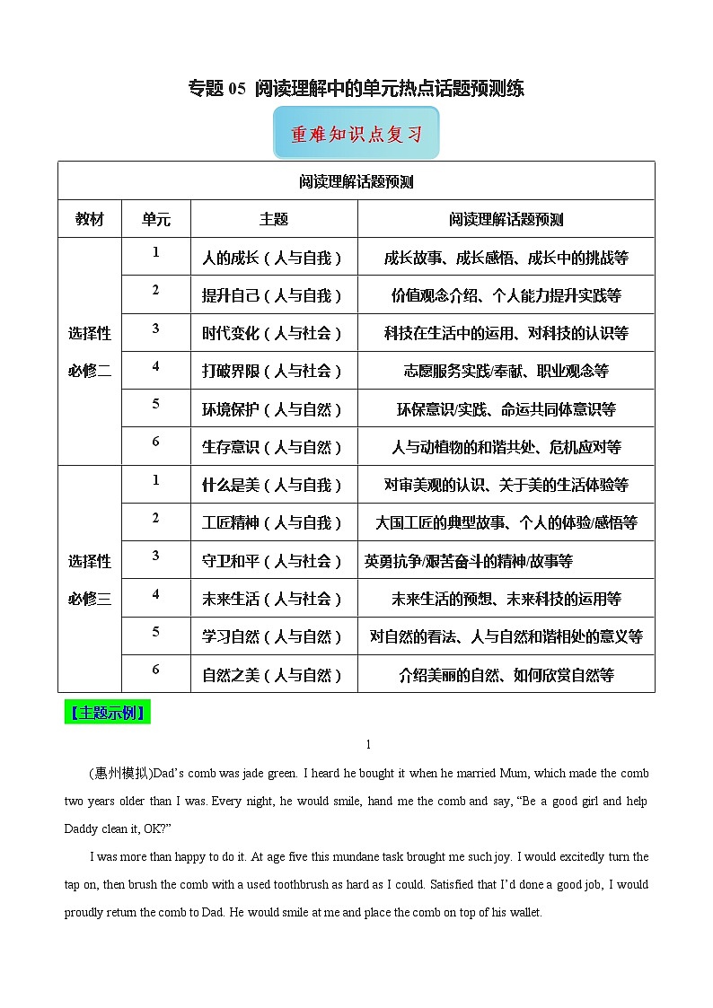 专题05 阅读理解中的单元热点话题预测练（教师版）第1页