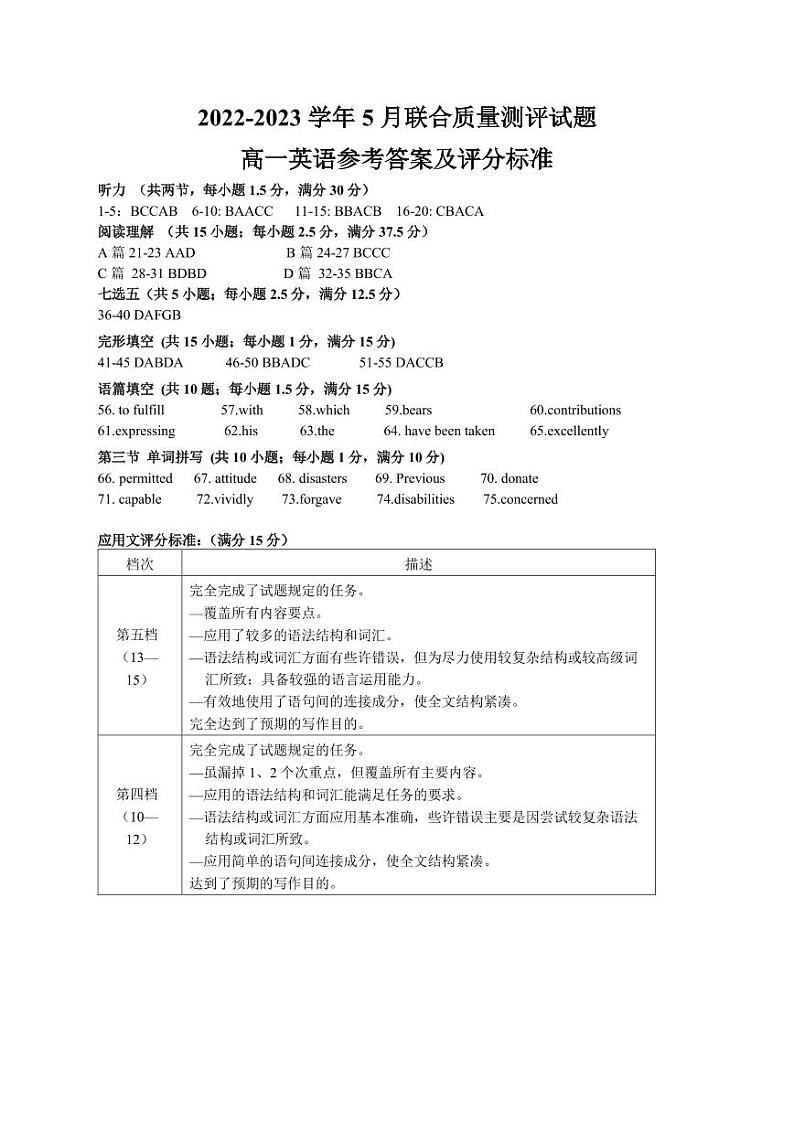 高一英语参考答案及评分标准第1页