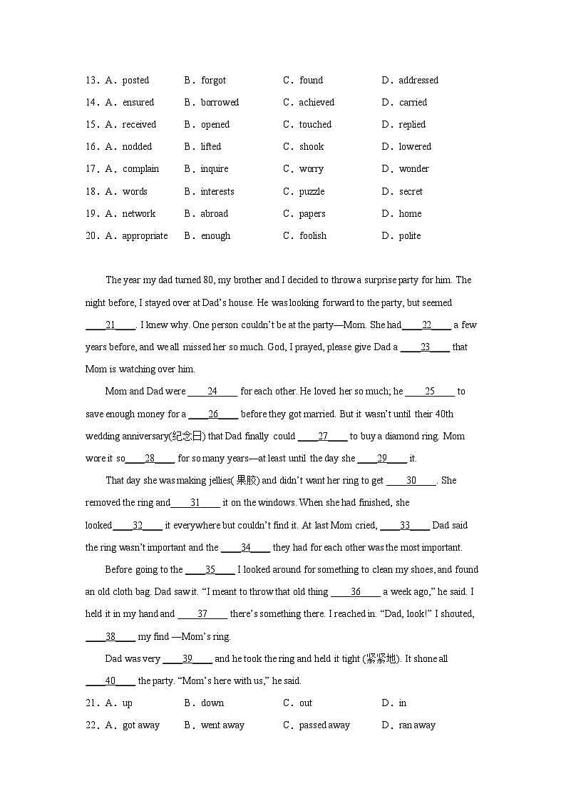 天津高考英语完形填空专项训练02