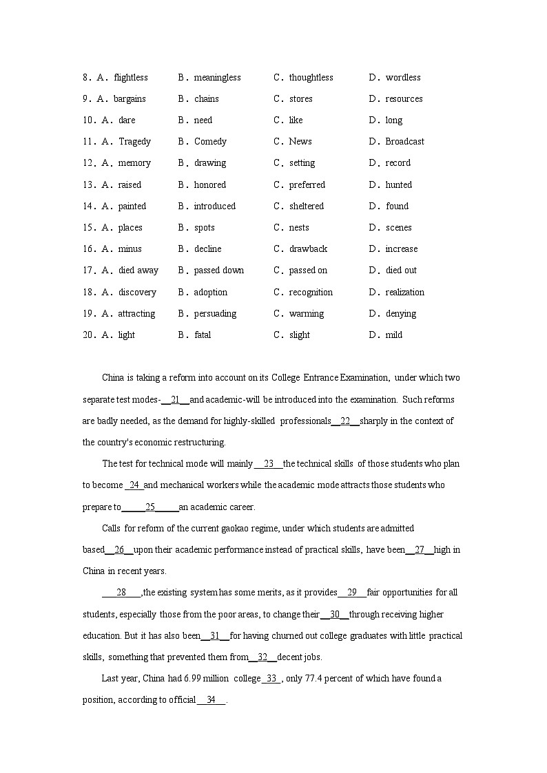 天津高考英语完形填空专项训练02