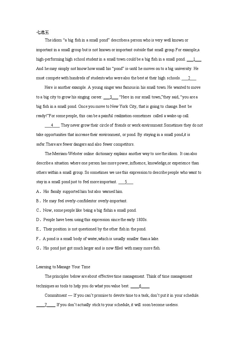 浙江高考英语七选五专项训练01
