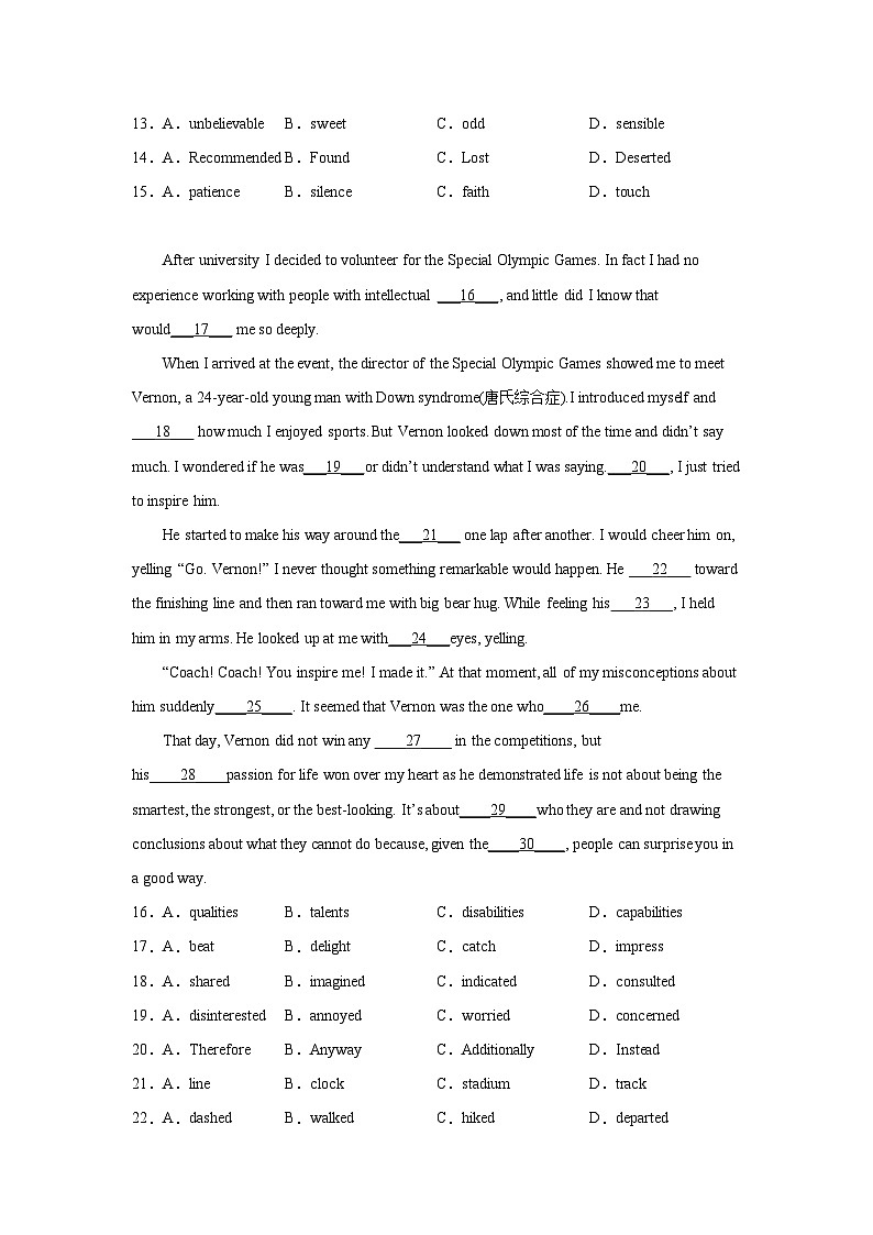 山东高考英语完形填空专项训练02