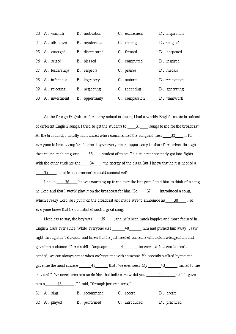 山东高考英语完形填空专项训练03