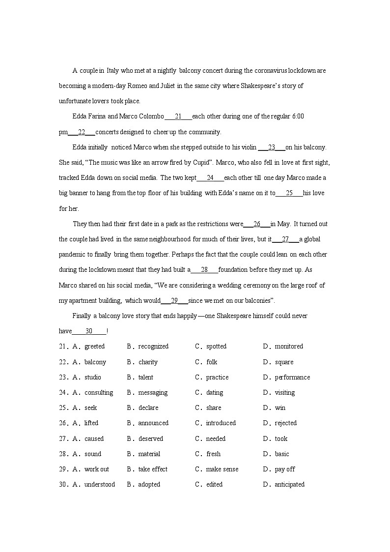 北京高考英语完形填空专项训练03