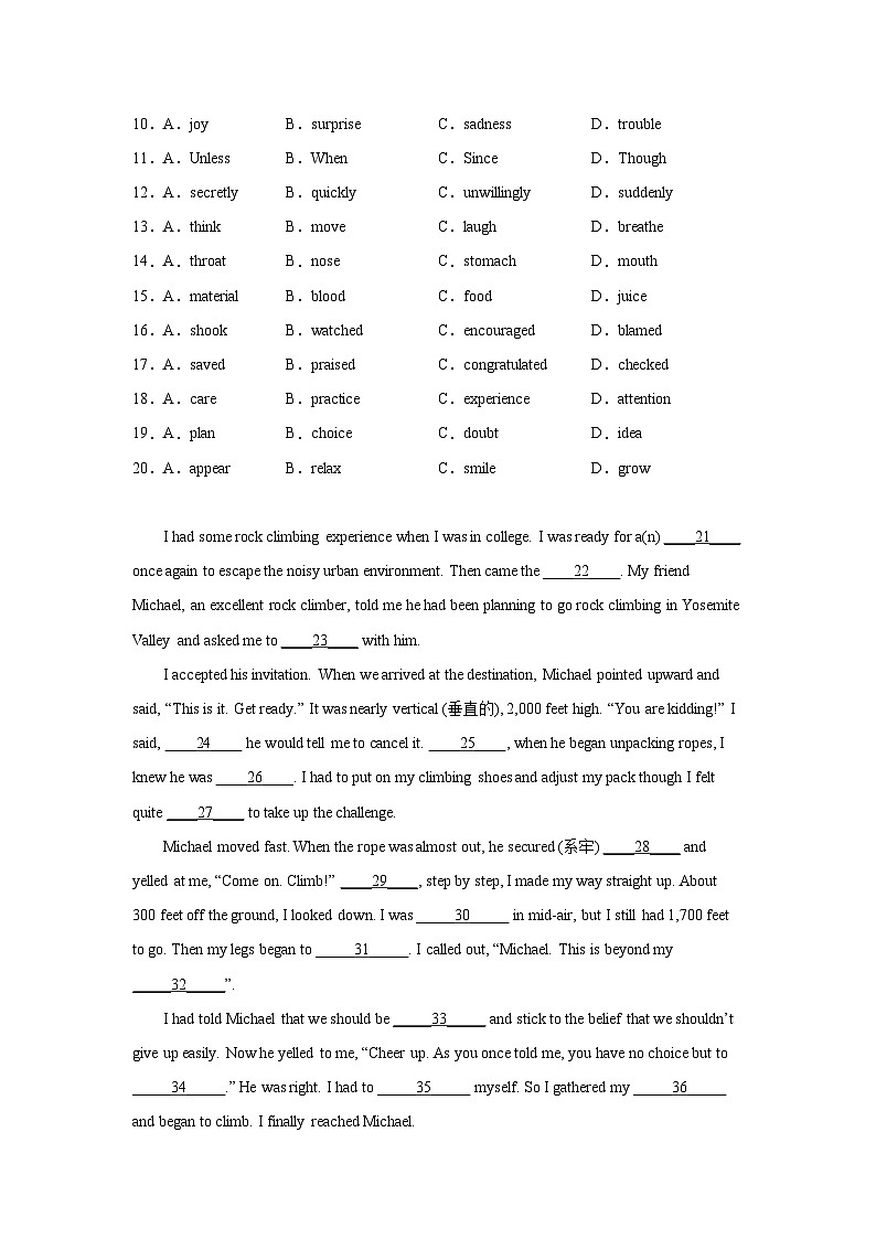 天津高考英语完形填空专项训练02