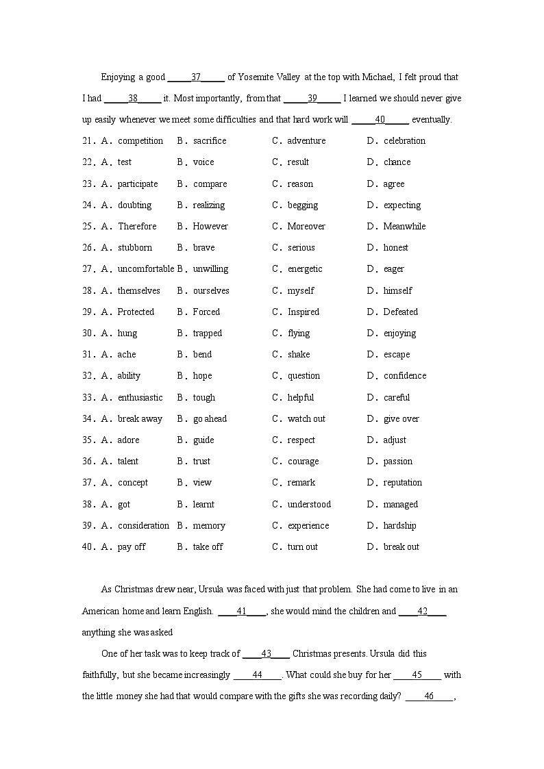 天津高考英语完形填空专项训练03