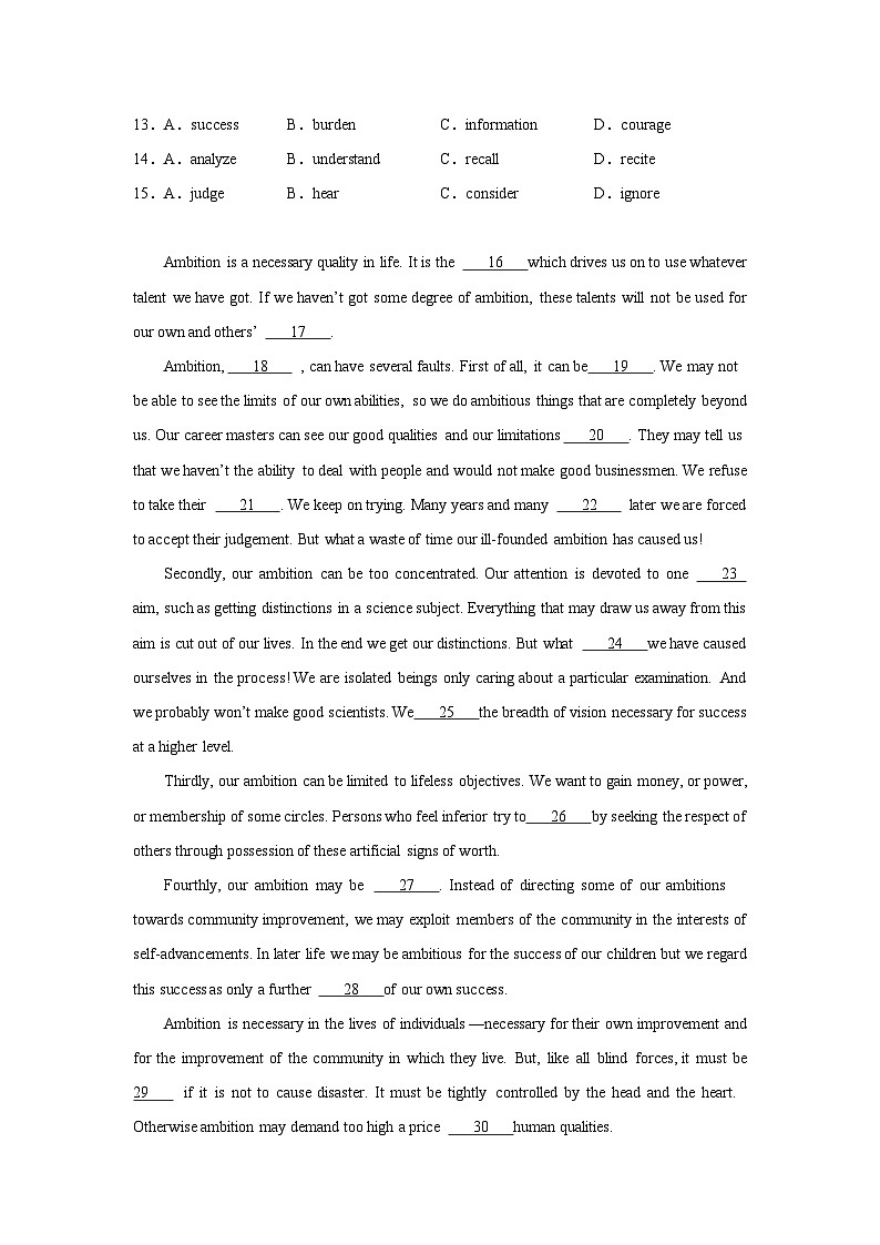 高考英语完形填空专项训练02