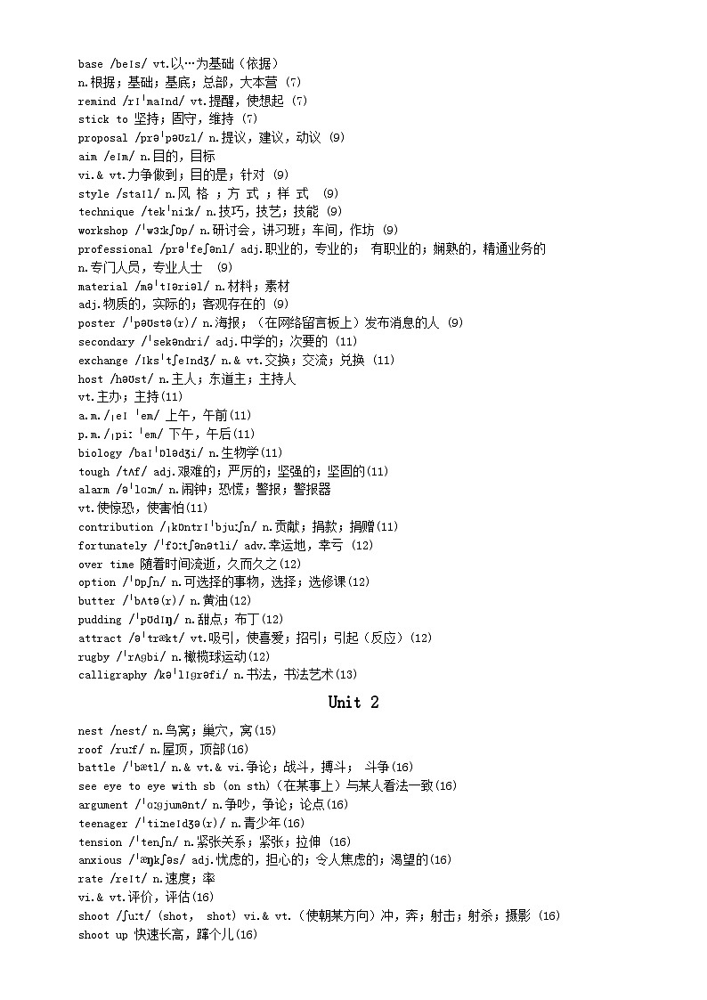 高中英语牛津译林版必修一全册单词表（分单元编排）第2页