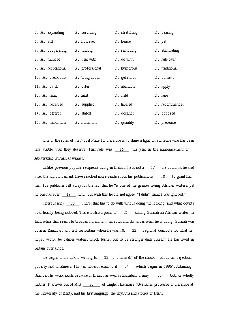 上海高考英语完形填空专项训练第2页