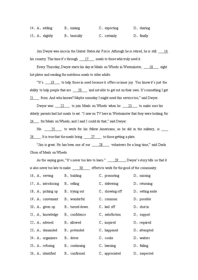 高考英语完形填空专项训练02