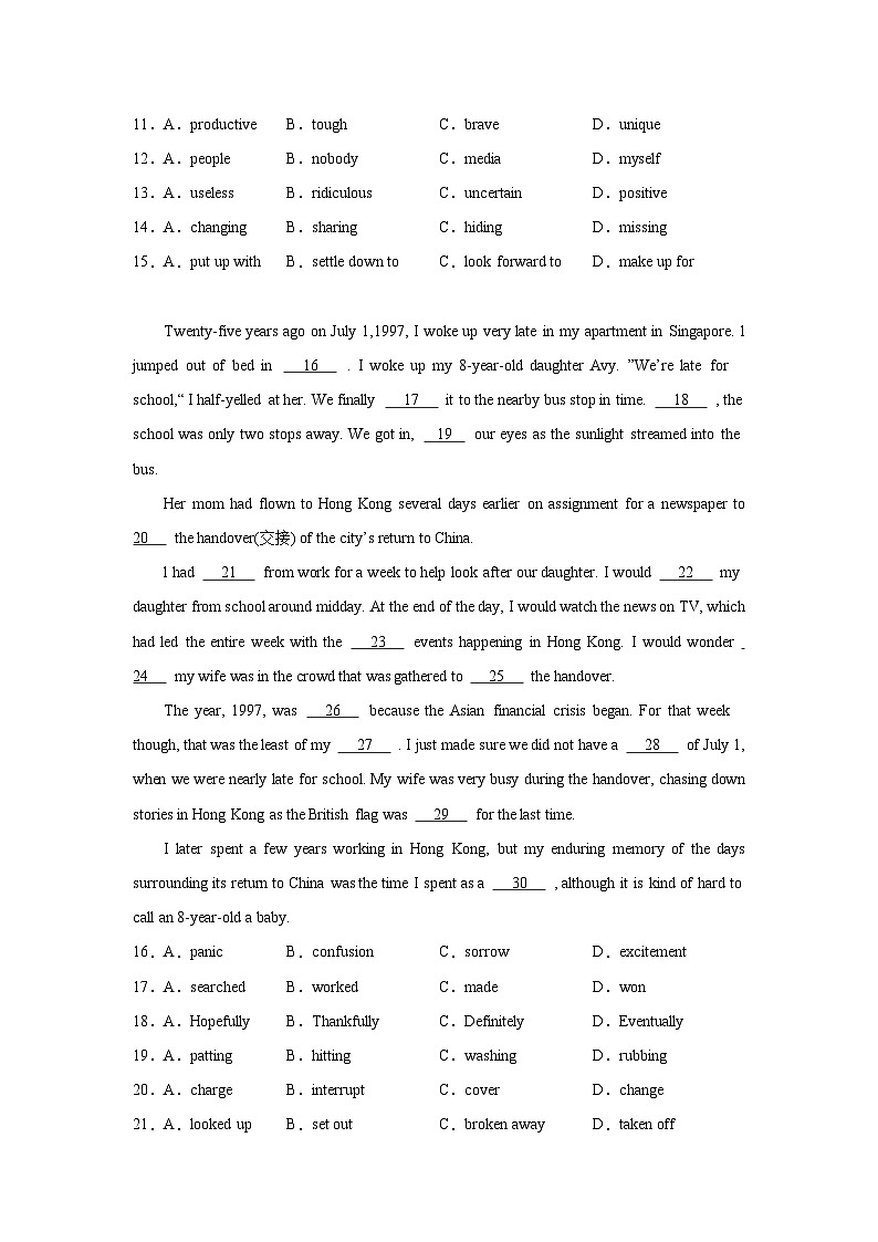 湖北高考英语完形填空专项训练02