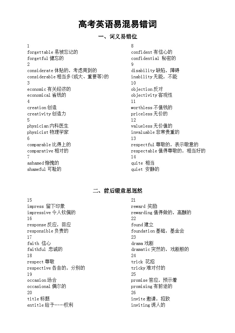 高中英语高考易混易错词(共55组)第1页