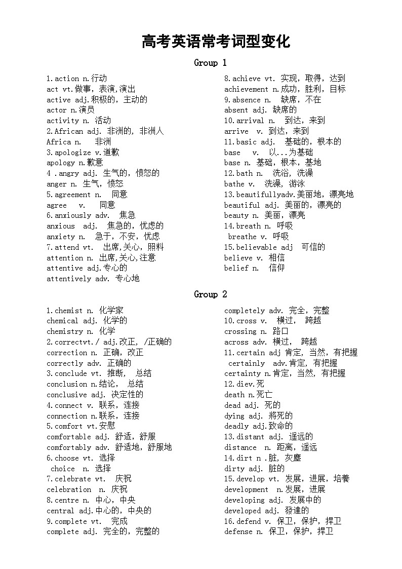 高中英语高考常考词型变化（共11组）第1页
