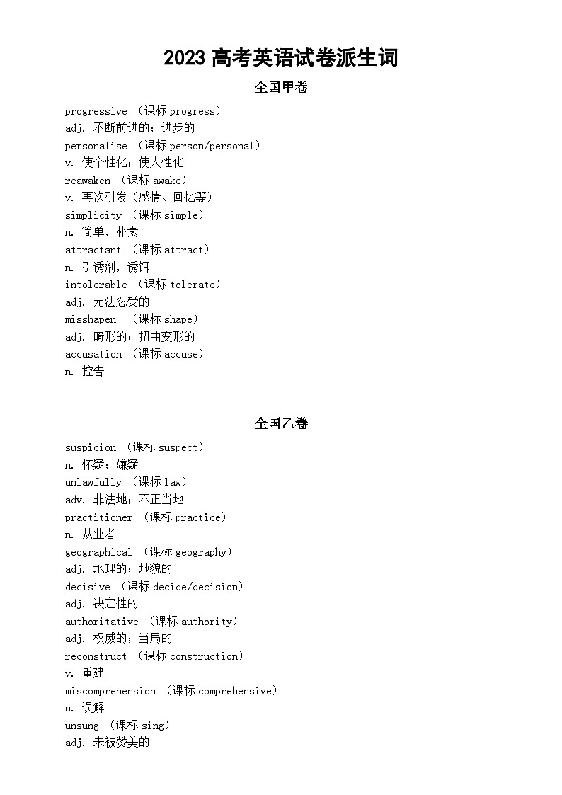 高中英语2023高考派生词（全国甲卷乙卷+全国新高考Ⅰ卷Ⅱ卷）第1页
