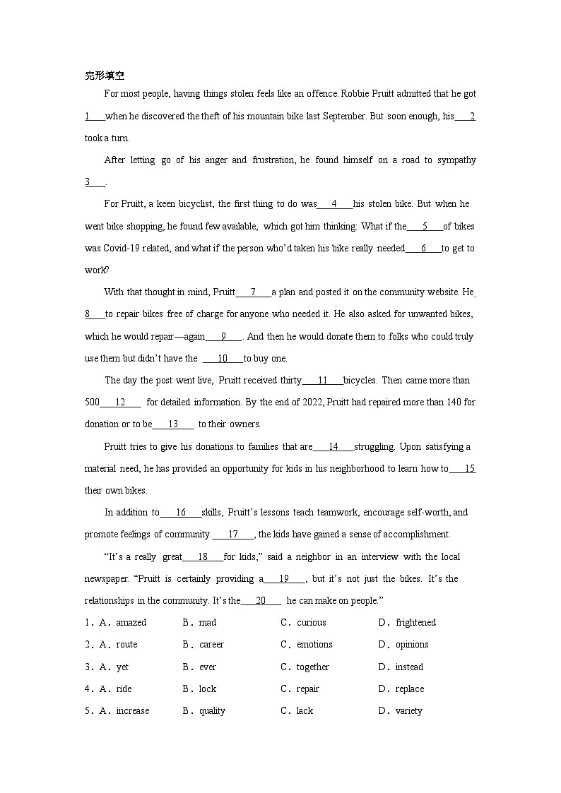 四川高考英语完形填空专项训练01