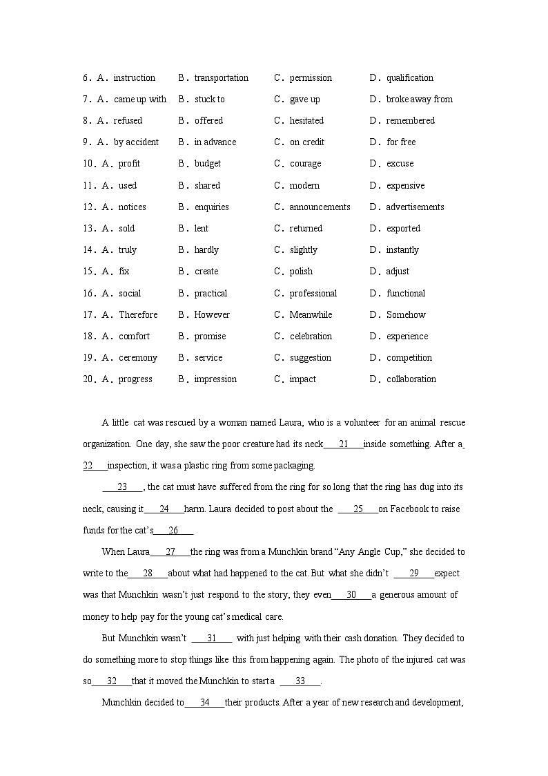 四川高考英语完形填空专项训练02