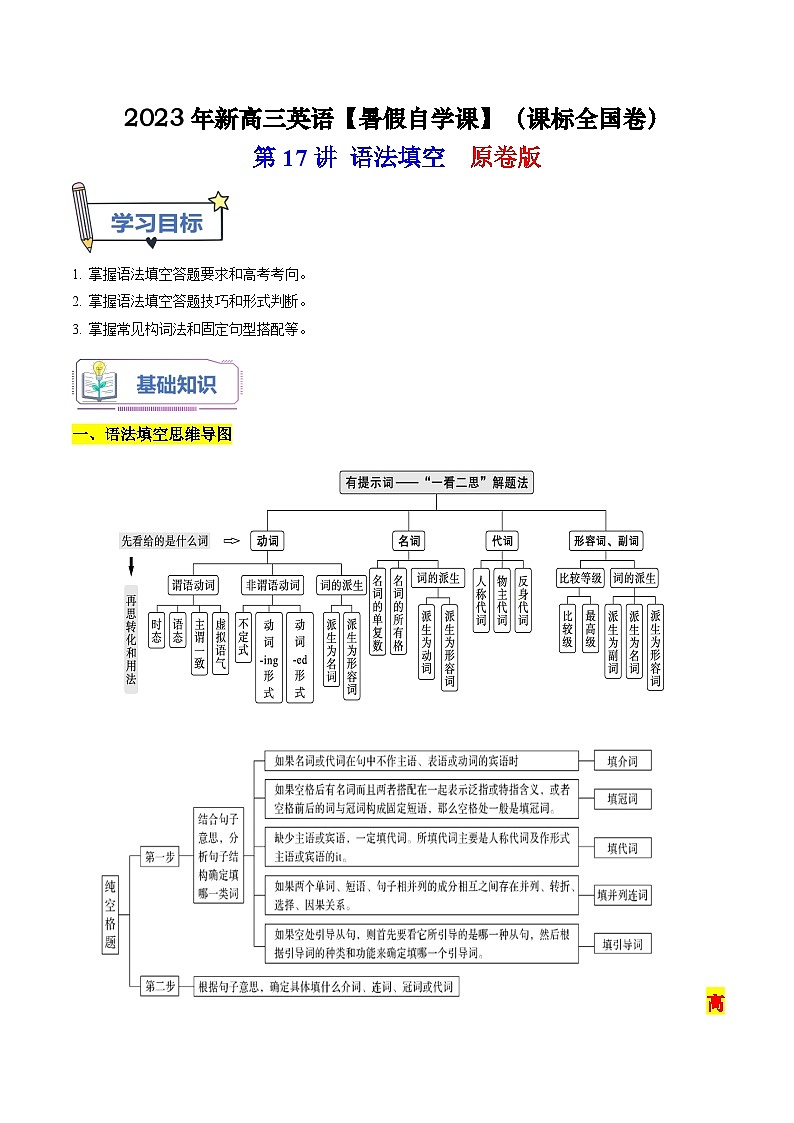【暑假高三预备】课标全国卷地区英语高二（升高三）暑假预习-第17讲 语法填空 讲学案01