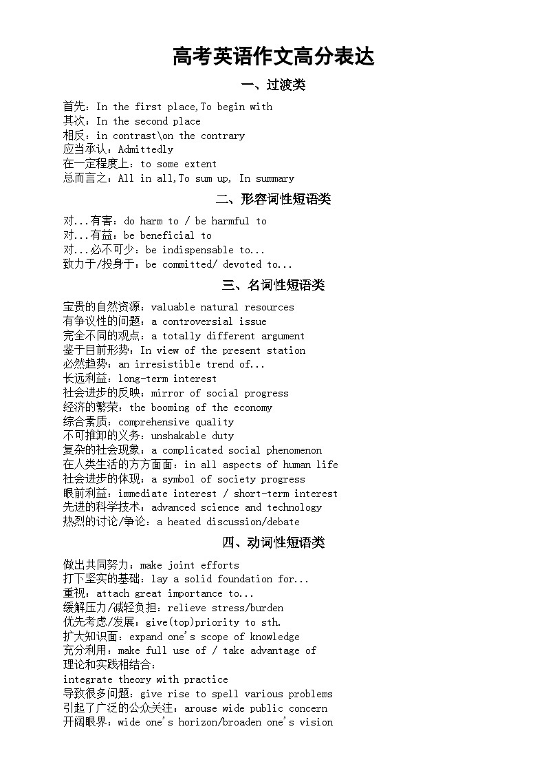 高中英语2024高考作文高分表达整理（共五类）01