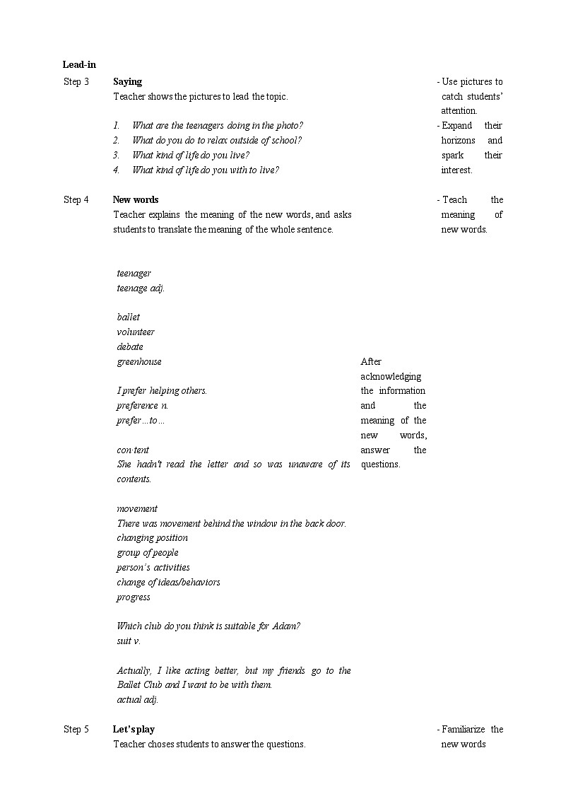 高中英语（人教版2019）必修一： unit 1Teenage Life Period 1 Listening and Speaking（表格式） 教案02